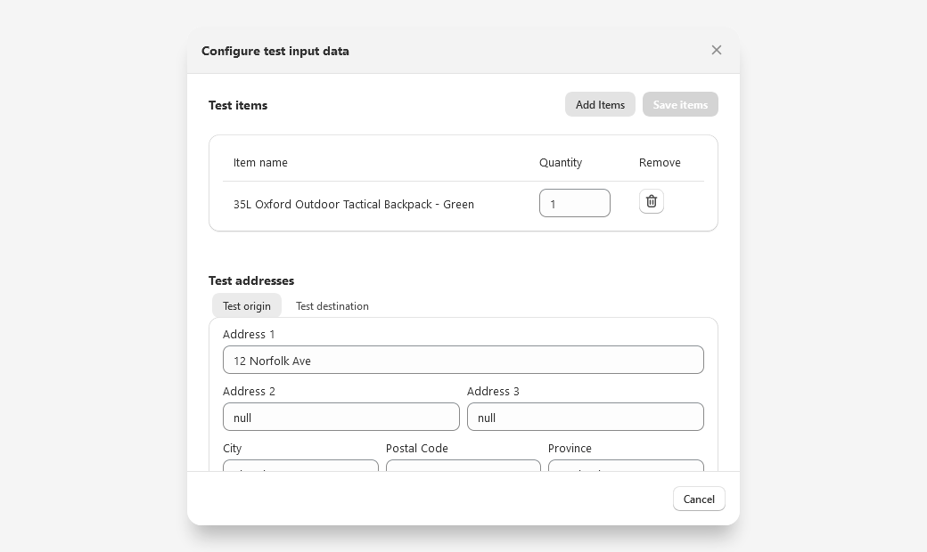 Configuring test input data in JsRates