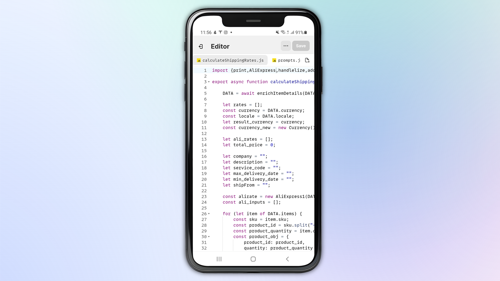 JsRates app editor page in mobile