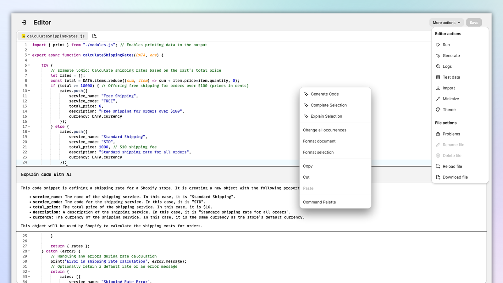 JsRates app editor page in light theme
