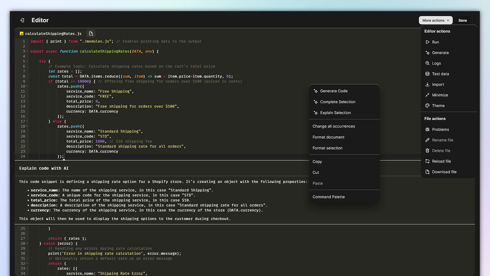 JsRates app editor page in dark theme